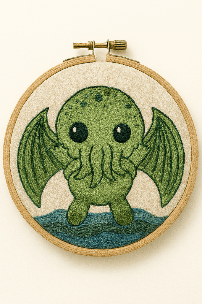 cthulhu, embroidery, layered paper, quilt, applique, fussy cutting