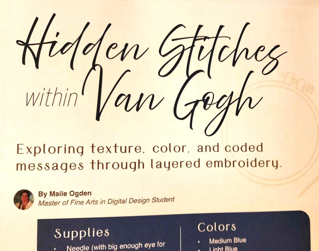 Hidden Stitches within Van Gogh, Explore a motif-rich embroidery pattern inspired by Van Gogh, designed to hide a secret message in the stitches.